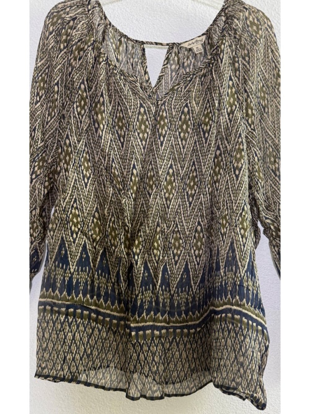 Lucky Brand Sheer Boho Green Blue Geometric Pattern Long Sleeves NWT Womens XL - Picture 3 of 8